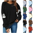 thumbnail image 1 of Kilaqueen Halloween Sweatshirts for Women Funny Spooky Season Pullover Tops Plus Size Long Sleeve Crewneck Cute Ghost Graphic Sweater, 1 of 5