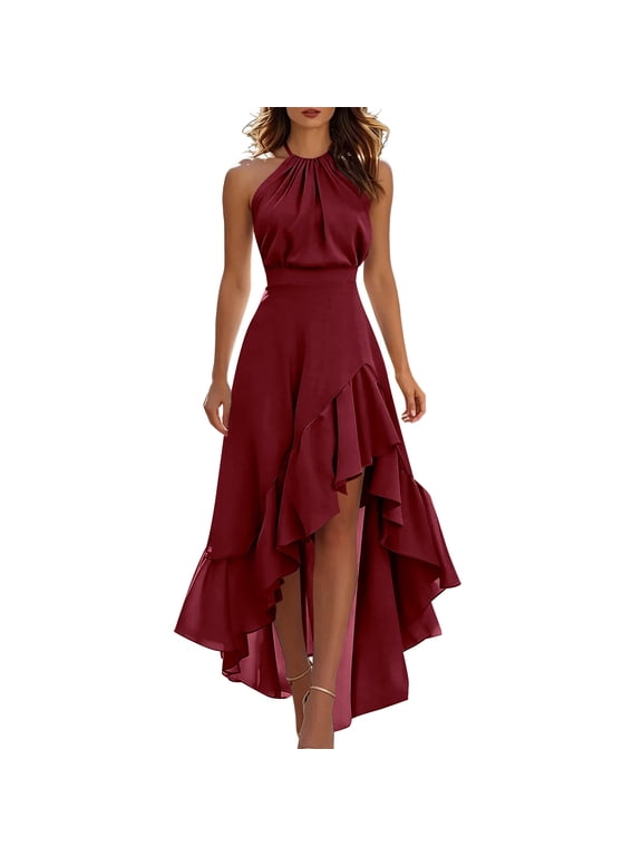 High Low Wedding Guest Dress for Women, Halter Neck Sleeveless Flowy Summer Maxi Dress for Vacation Beach Party Date Night and Evening Wear