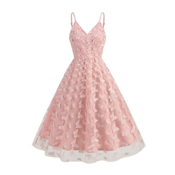 Kilaqueen Holiday Dresses for Women 3D Butterfly Applique Tulle Prom Spaghetti Strap V Neck Dress Cocktail Party Formal Wedding Evening Dress