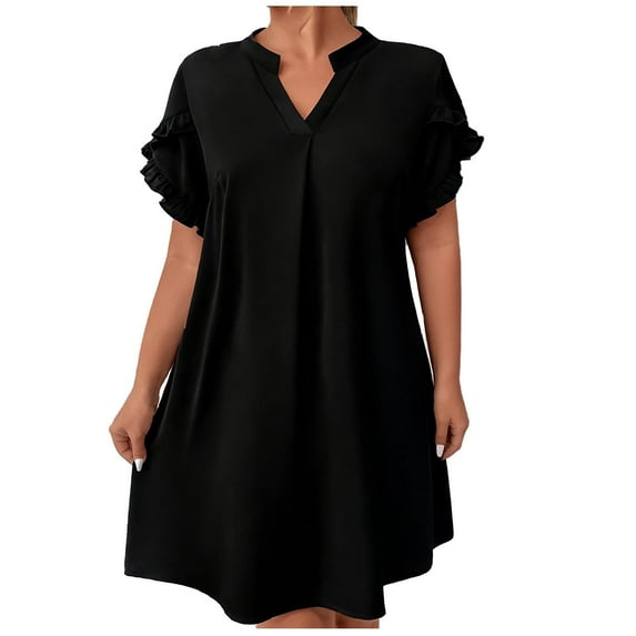 Kilaqueen Holiday Dresses for Women V Neck Short Ruffle Sleeves Midi Dress Solid Color Casual Trendy Beach Dress