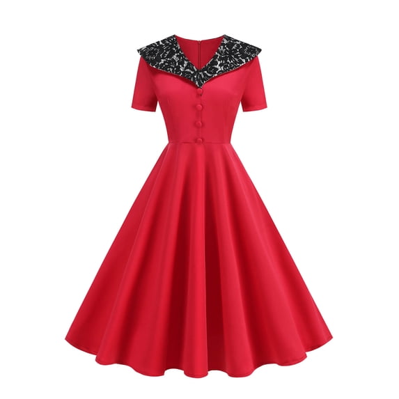 Kilaqueen Holiday Dresses for Women Vintage Audrey Hepburn Style Lapel V Neck Short Sleeve Dress Casual Work Wedding Party Elegant Midi Evening Dress