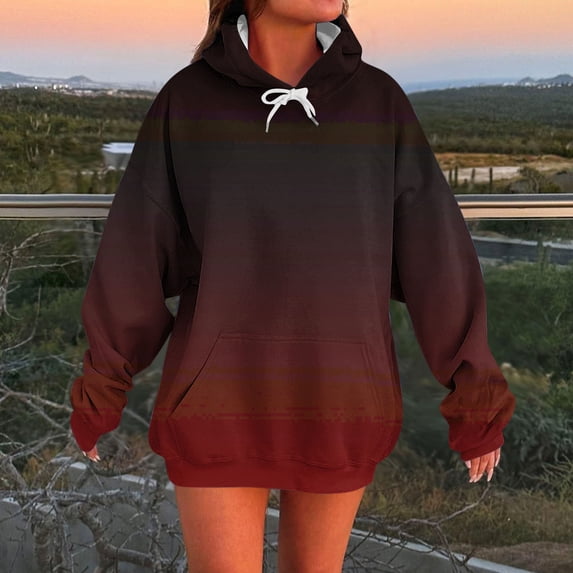 Kilaqueen Hoodies for Women Fall Trendy Gradient Color Drawstring Pullover Tops Casual Loose Oversized Y2K Sweatshirts Fashion Drop Shoulder Long Sleeve Baggy Hooded Sweatshirt Outerwear