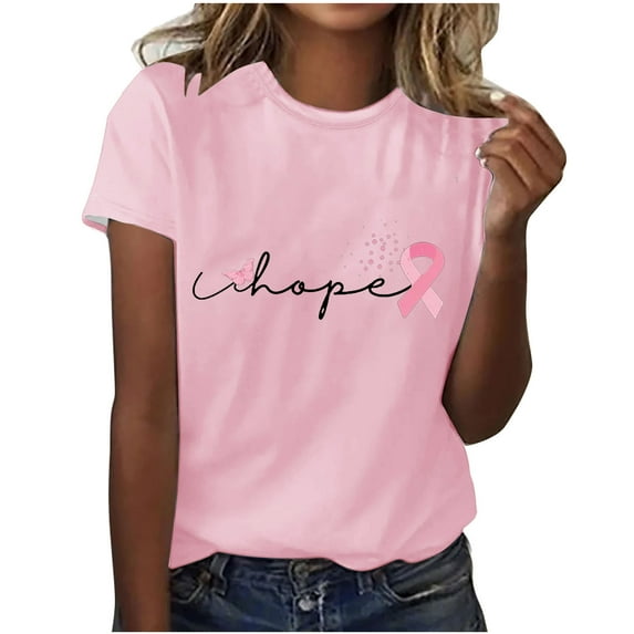 Kilaqueen Hope Breast Cancer Awareness Shirt for Women Pink Ribbon Graphic Tees Breast Cancer Warrior Short Sleeve Inspirational Blouse Tops