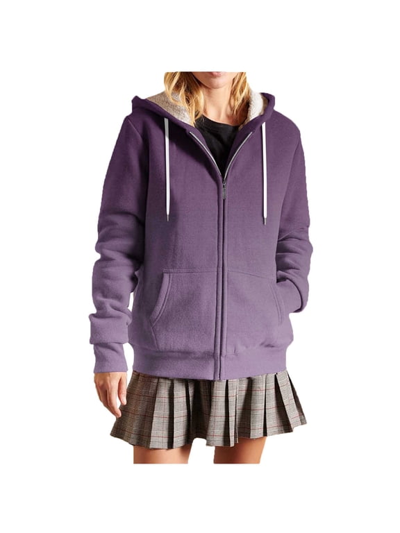 Jackets for Women Gradient Hooded Drawstring Zip Up Long Sleeve Fleece Lined Coat with Pockets Casual Trendy Fall Winter Warm Outwear