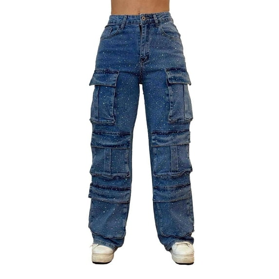Kilaqueen Jeans for Women Rhinestone High Waisted Multi-Pocket Cargo Denim Pants Loose Fit Trendy Y2K Baggy Jean