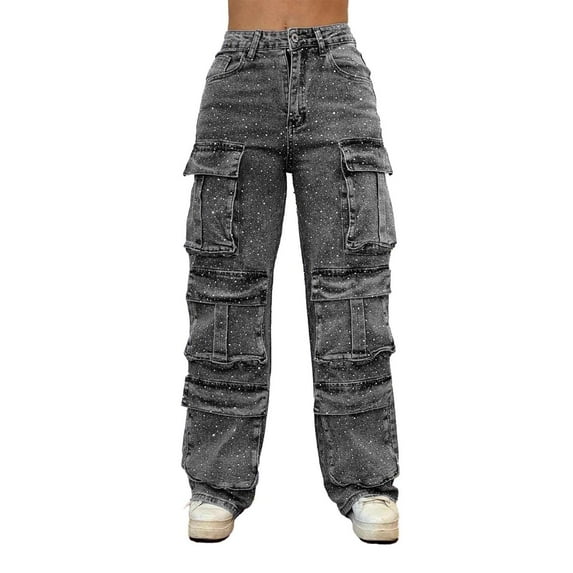 Kilaqueen Jeans for Women Rhinestone High Waisted Multi-Pocket Cargo Denim Pants Loose Fit Trendy Y2K Baggy Jean