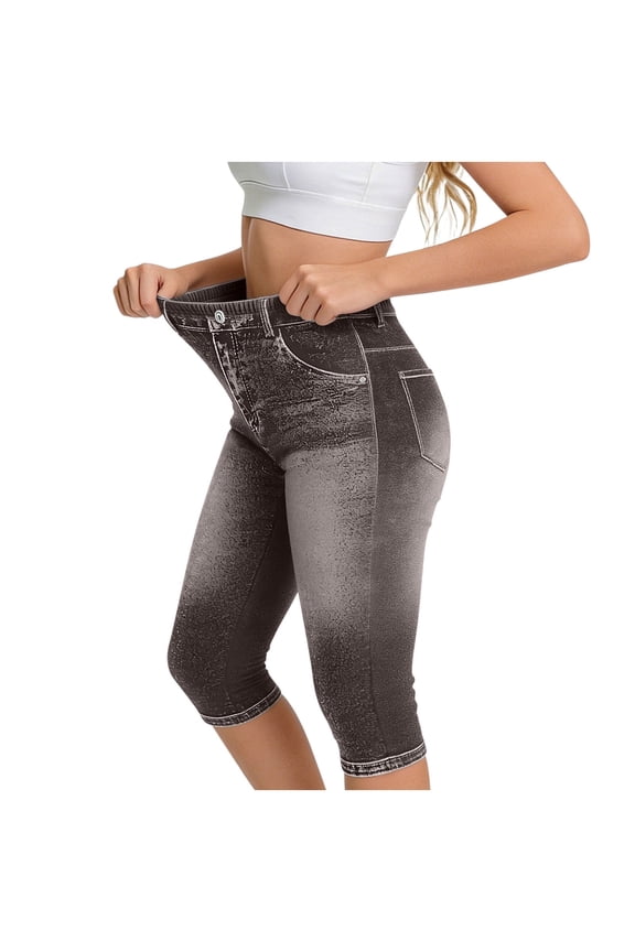 Jeggings for Women Pull On Skinny Capri Jeans Stretchy High Waisted Faux Denim Capri Leggings Casual Cropped Yoga Pants