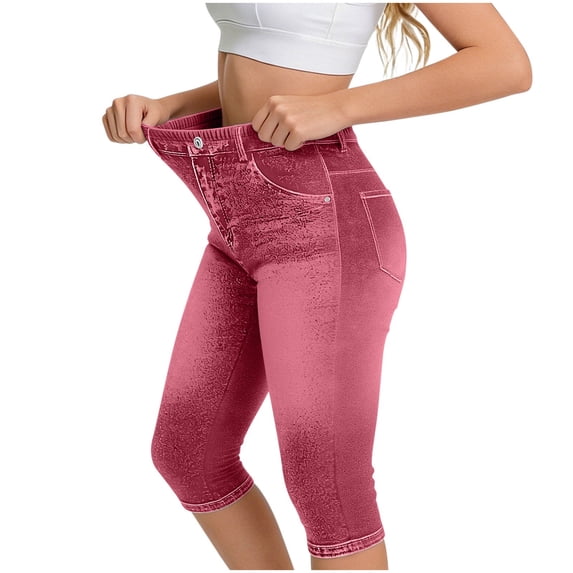 Kilaqueen Jeggings for Women Pull On Skinny Capri Jeans Stretchy High Waisted Faux Denim Capri Leggings Casual Cropped Yoga Pants