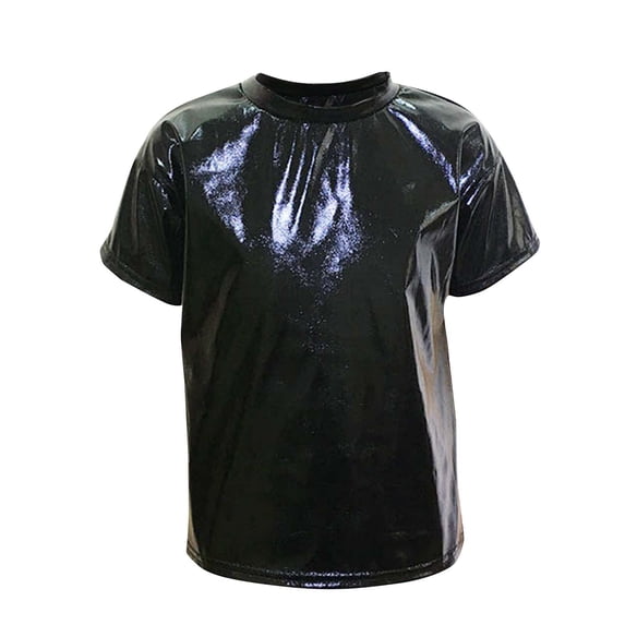 Kilaqueen Kids Boys Girls Short Sleeve Mock Neck Sparkly Metallic Shiny Tops Jazz Hip Hop Dance Performance Party Costumes