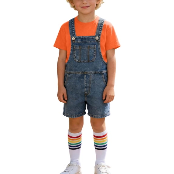 Kilaqueen Kids Denim Jumpsuit Set 3 Piece Outfits Boy Girl Cotton Jean Short Rompers Short Sleeve T Shirts with Knee High Socks