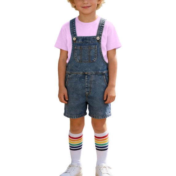 Kilaqueen Kids Denim Jumpsuit Set 3 Piece Outfits Boy Girl Cotton Jean Short Rompers Short Sleeve T Shirts with Knee High Socks