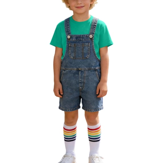 Kilaqueen Kids Denim Jumpsuit Set 3 Piece Outfits Boy Girl Cotton Jean Short Rompers Short Sleeve T Shirts with Knee High Socks