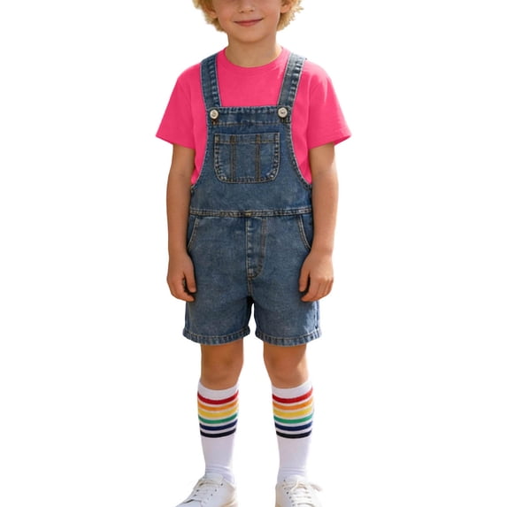 Kilaqueen Kids Denim Jumpsuit Set 3 Piece Outfits Boy Girl Cotton Jean Short Rompers Short Sleeve T Shirts with Knee High Socks