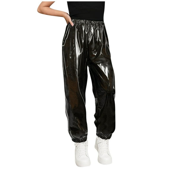 Kilaqueen Kids Girls Boys Pants Shiny Metallic Dance Harem Elastic Waist Pants Festival Party Cuffed Ankle Solid Color Long Pants 3-16Y