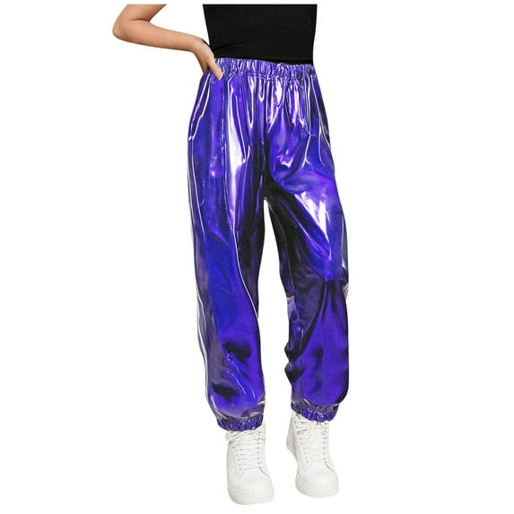 Kilaqueen Kids Girls Boys Pants Shiny Metallic Dance Harem Elastic Waist Pants Festival Party Cuffed Ankle Solid Color Long Pants 3-16Y