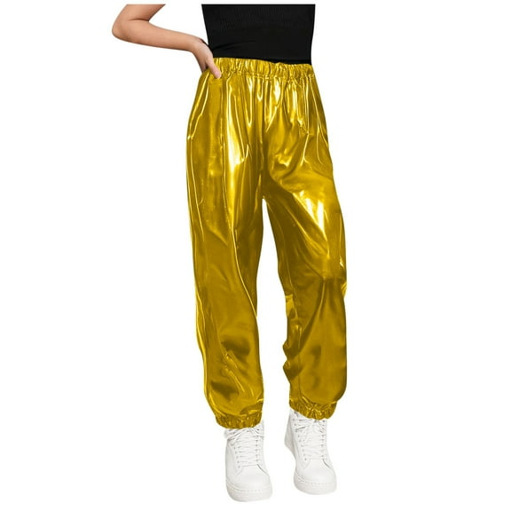 Kilaqueen Kids Girls Boys Pants Shiny Metallic Dance Harem Elastic Waist Pants Festival Party Cuffed Ankle Solid Color Long Pants 3-16Y