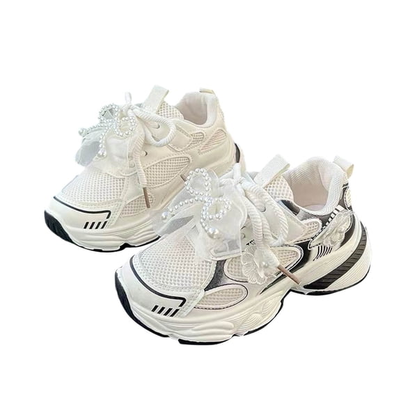 Kilaqueen Kids Girls Toddler Shoes Lace Up Velcro Pearl Chain Bowknot Running Shoes Non-Slip Thick Breathable Sneakers