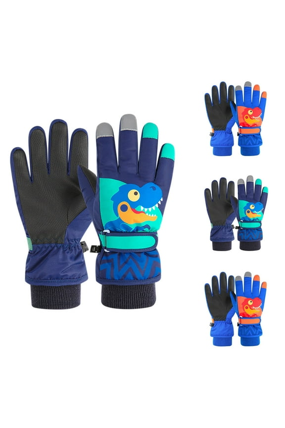 Kids Windproof Snow Gloves Sports Waterproof Insulated Snowboard Gloves Cold Weather Winter Gloves Cute Dinosaur Graphic Outdoor