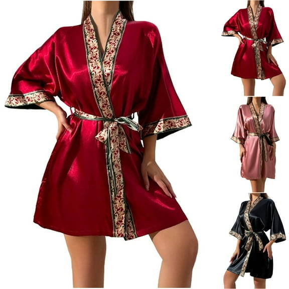 Kilaqueen Kimono Robes for Women Short Satin Silky Nightgown Bathrobe Dressing Gown Soft Cozy Lightweight Vintage Cardigan Robe Pajamas Sleepwear Loungewear