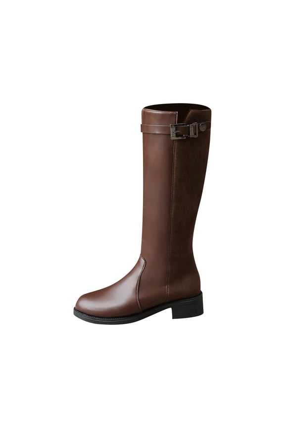 Knee High Boots Women Round Toe Chunky Block Heels Low Heel Buckle Strap Western Booties Fall/Winter Comfort Slip-On Walking Dress Riding Shoes