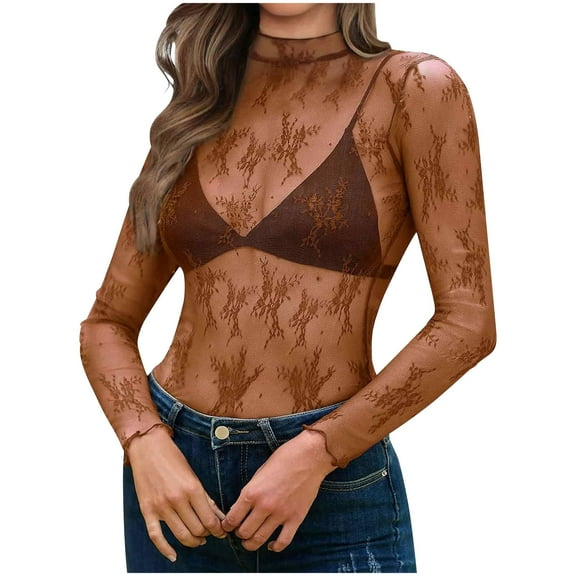 Kilaqueen Lace Tops for Women Long Sleeve Mock Neck Mesh Sheer Top Sexy See Through Floral Blouses Y2K Layering Top Going Out Party Club Night Blouses