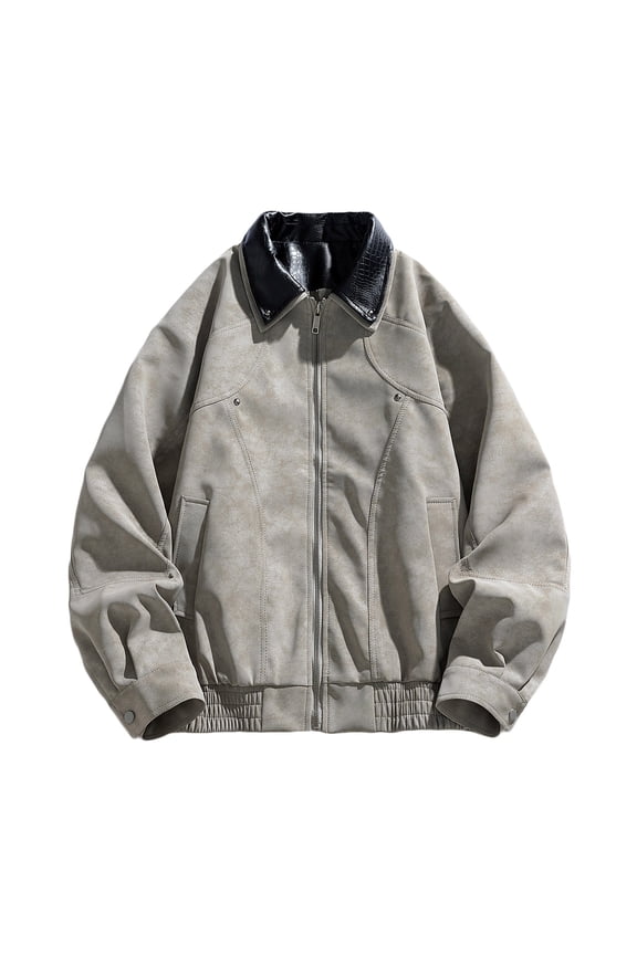 Leather Jacket for Men Faux Leather Lapel Long Sleeve Zip Up Bomber Jacket with Pockets 90s Vintage Biker Racing Moto Jackets