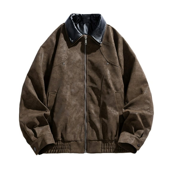 Kilaqueen Leather Jacket for Men Faux Leather Lapel Long Sleeve Zip Up Bomber Jacket with Pockets 90s Vintage Biker Racing Moto Jackets