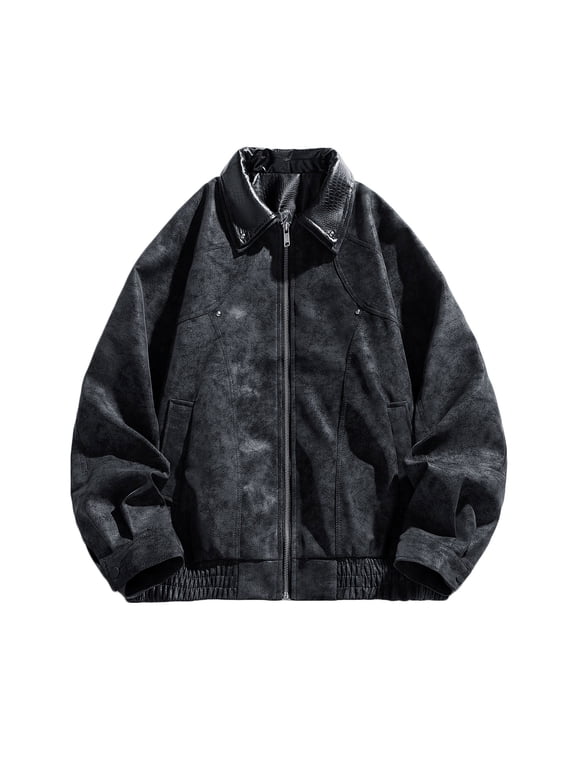 Leather Jacket for Men Faux Leather Lapel Long Sleeve Zip Up Bomber Jacket with Pockets 90s Vintage Biker Racing Moto Jackets