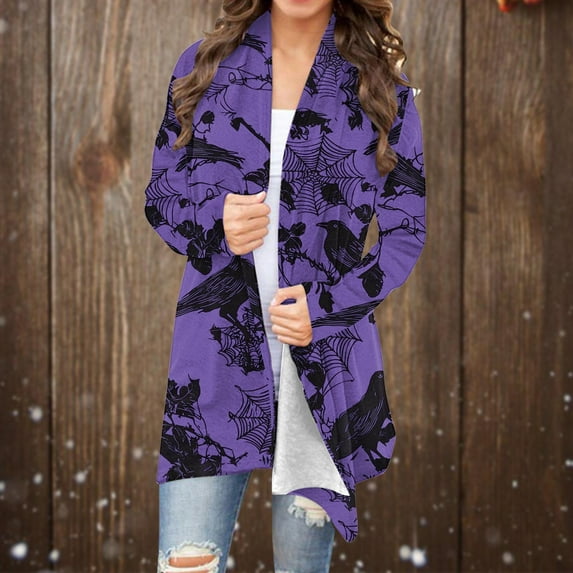 Kilaqueen Lightweight Cardigans for Women Trendy Open Front Halloween Cardigan Loose Long Sleeve Medium Length Coat Bat Pumpkin Graphic Fall Tunic Shirt