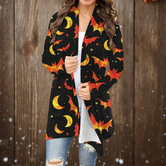 Kilaqueen Lightweight Cardigans for Women Trendy Open Front Halloween Cardigan Loose Long Sleeve Medium Length Coat Bat Pumpkin Graphic Fall Tunic Shirt