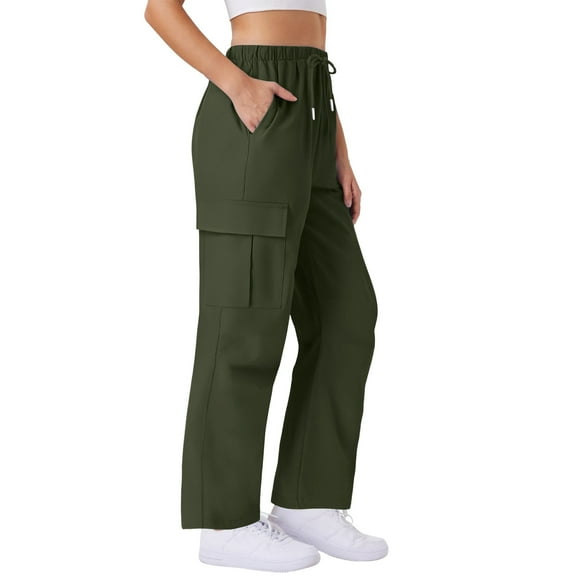 Kilaqueen Lightweight Casual Cargo Pants for Women Adjustable Straight Leg Travel Pants with Pockets Workout Athletic Hiking Elastic Trousers