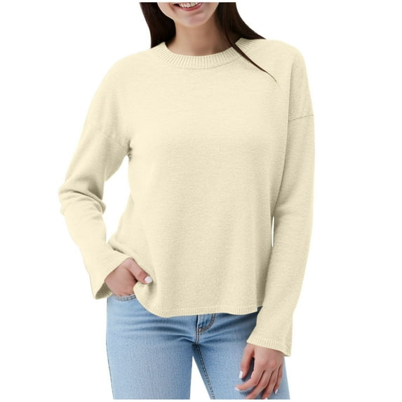 Kilaqueen Lightweight Women's Sweaters Solid Color Crew Neck Long Sleeve Pullover Tops Casual Comfy Soft Sweaters