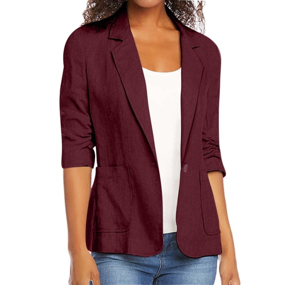 Kilaqueen Linen Blazer Women Summer Lightweight Button 3/4 Stretchy Ruched Sleeve Business Casual Office Work Suit Jacket with Pockets