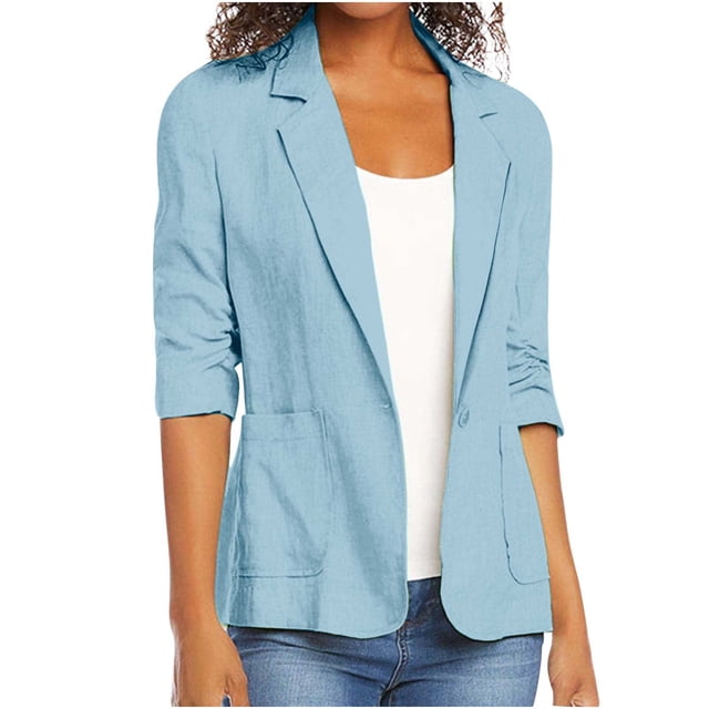 Kilaqueen Linen Blazer Women Summer Lightweight Button 3/4 Stretchy Ruched Sleeve Business Casual Office Work Suit Jacket with Pockets