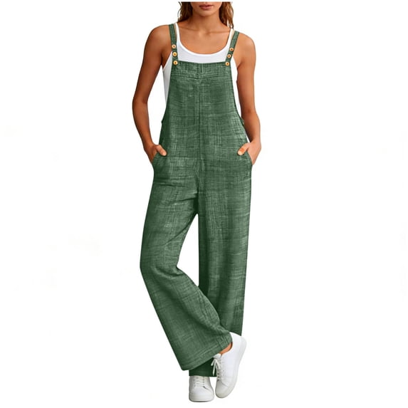 Kilaqueen Linen Jumpsuits for Women Loose Fit Lightweight Sleeveless Adjustable Strap Wide Leg Bib Overalls with Pockets, Casual Summer Boho Baggy Rompers