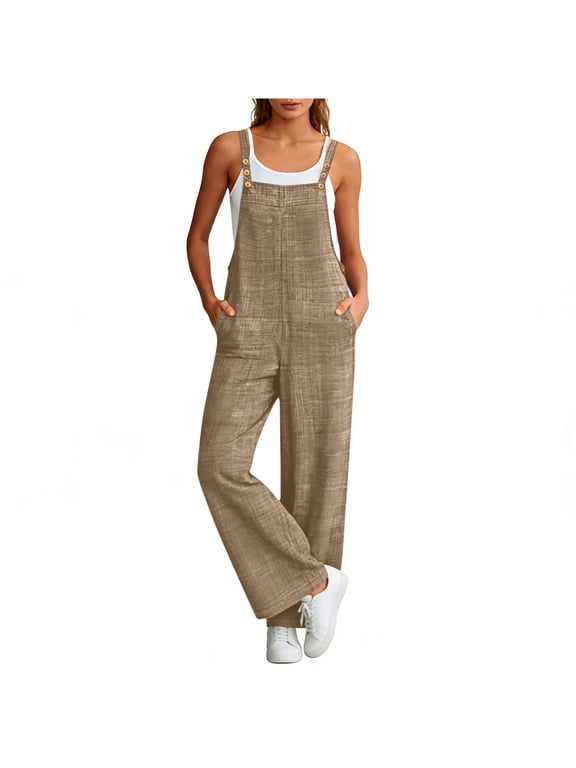 Linen Jumpsuits for Women Loose Fit Lightweight Sleeveless Adjustable Strap Wide Leg Bib Overalls with Pockets, Casual Summer Boho Baggy Rompers