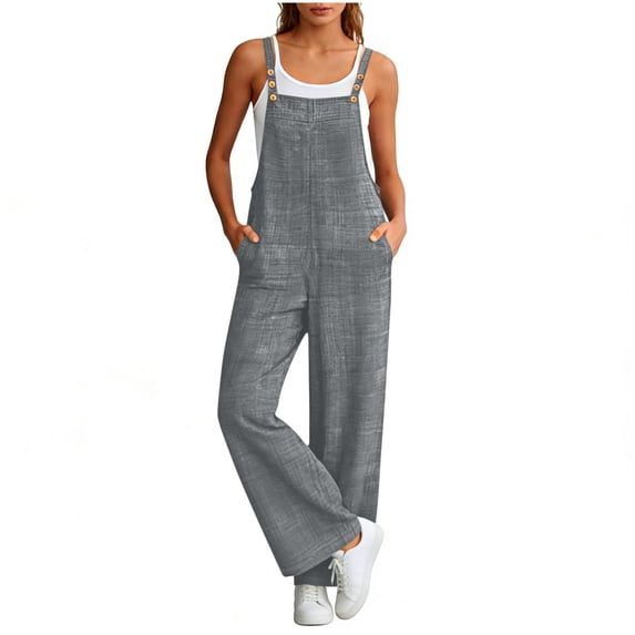 Kilaqueen Linen Jumpsuits for Women Loose Fit Lightweight Sleeveless Adjustable Strap Wide Leg Bib Overalls with Pockets, Casual Summer Boho Baggy Rompers