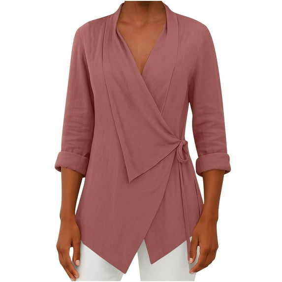 Kilaqueen Linen Long Sleeve Shirts for Women Long Sleeve V Neck Lapel Blouse Lightweight Solid Color Comfy Soft Tunic Tops