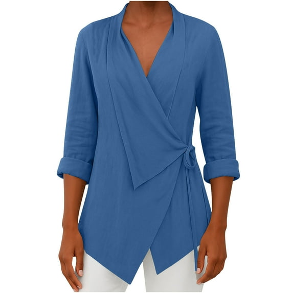 Kilaqueen Linen Long Sleeve Shirts for Women Long Sleeve V Neck Lapel Blouse Lightweight Solid Color Comfy Soft Tunic Tops