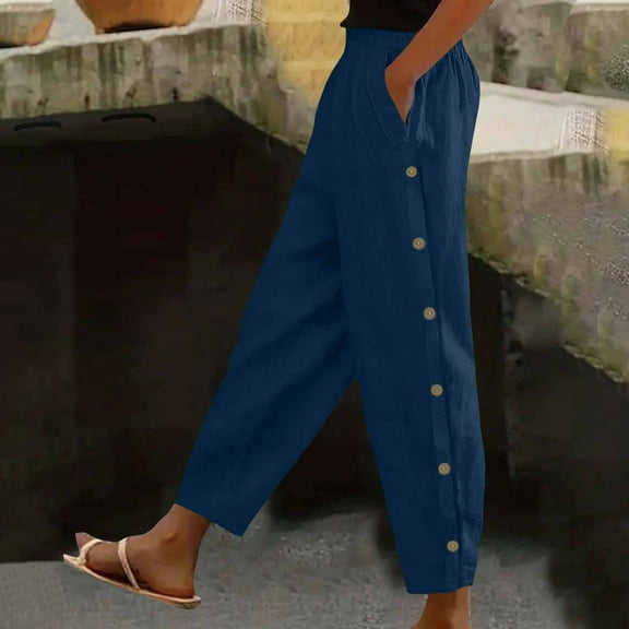 Kilaqueen Linen Pants Women Side Button Elastic Waist Capri Gauze Pants Lightweight Summer Beach Cropped Trousers Lounge Pants Casual Slacks Baggy Boho Palazzo Pants