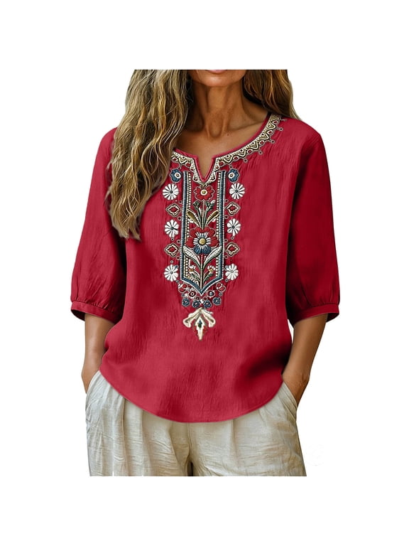 Linen Tops for Women Embroidered 3/4 Sleeve Bohemian Mexican Peasant Shirts Vintage Floral V Neck Gauze Cotton Blouse Shirts