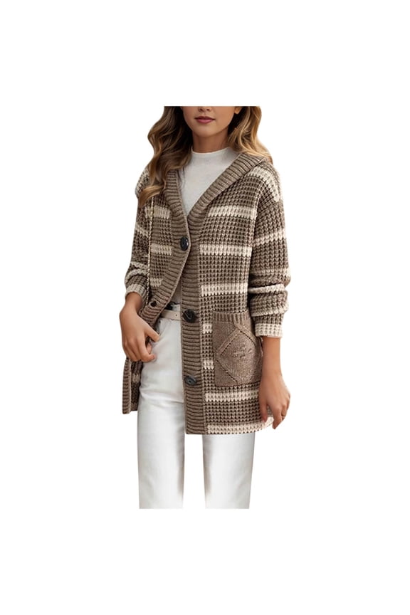 Long Cardigans for Women Button-Down V Neck Color Block Striped Hooded Knit Cardigan with Pockets 2025 Fall Winter Warm Trendy Cardigan Sweater
