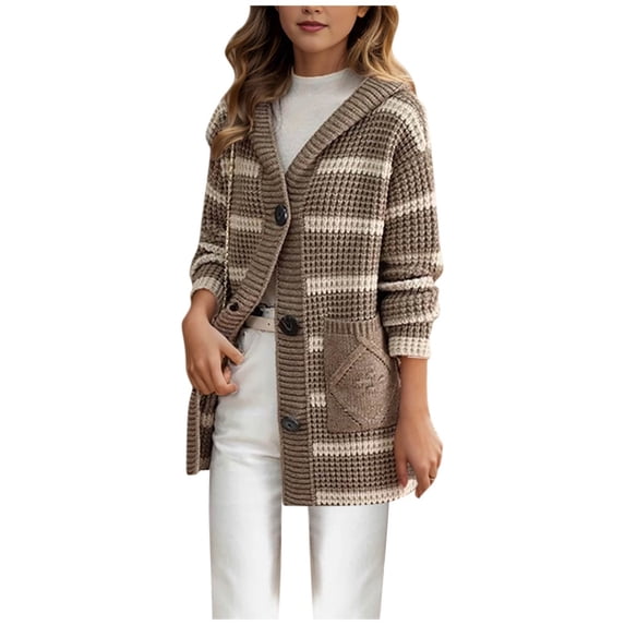Kilaqueen Long Cardigans for Women Button-Down V Neck Color Block Striped Hooded Knit Cardigan with Pockets 2025 Fall Winter Warm Trendy Cardigan Sweater