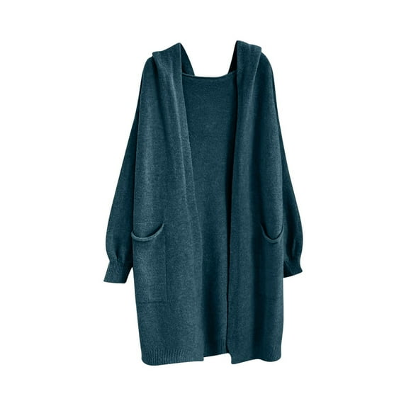 Kilaqueen Long Cardigans for Women Open Front Long Sleeve Hooded Knit Cardigan with Pockets Solid Color Casual Fall Trendy Sweater Coats