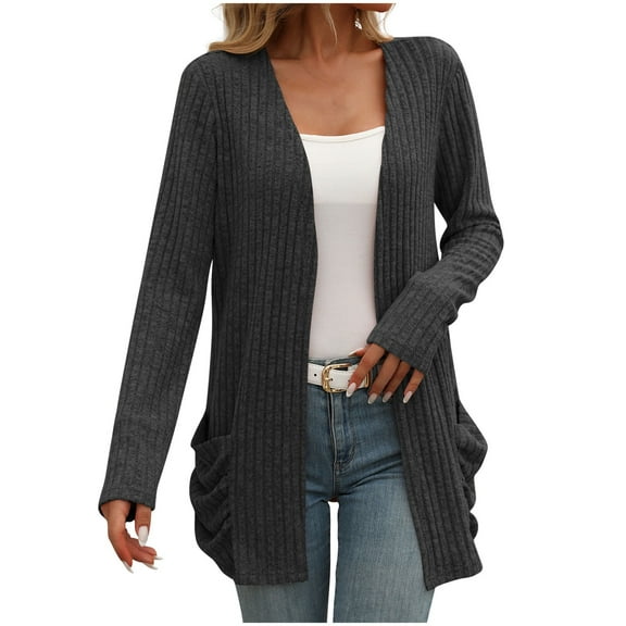 Kilaqueen Long Cardigans for Women Solid Color Open Front Long Sleeve Brushed Fleece Cardigan Lightweight Soft Knit Sweater Outerwear with Pockets