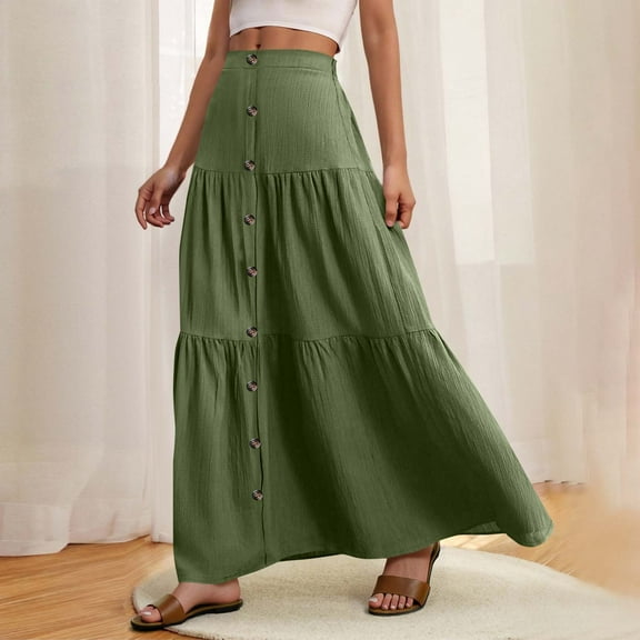 Kilaqueen Long Flowy Skirts for Women Elastic Waist Summer Skirt Maxi Boho Beach Skirt Ruffle Pleated Tiered A Line Skirt Casual Button Front Skirt
