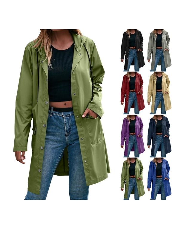Long Raincoat for Women Waterproof Lightweight Rain Jacket with Hood Snap Windbreaker Active Outdoor Trench Coat