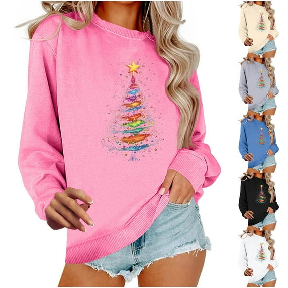 Kilaqueen Long Sleeve Christmas Sweatshirts for Women Fuzzy Xmas Tree Oversized Sweatshirt Wram Crewneck Sweatshirt Holiday Pullover Tops