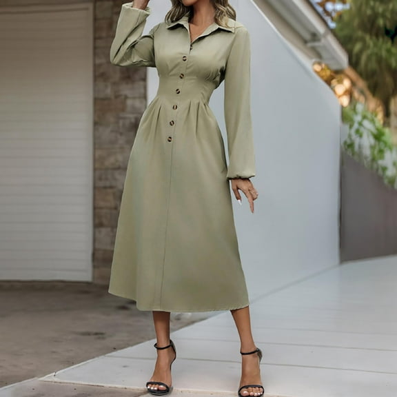 Kilaqueen Long Sleeve Shirt Dresses for Women Casual Collared Button Long Dresses Curvy Waist Vacation Fall Outfits Solid Color Cardigan Cover Ups