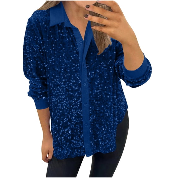 Kilaqueen Long Sleeve Shirts for Women Sparkly Sequin Lapel Collared Button Down Open Front Shirt Solid Color Soft Casual Party Club Glitter Outerwear Tops